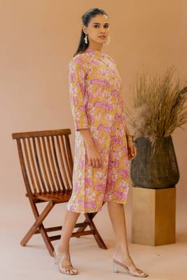Mustard coral princess line printed kantha work buttons cotton stiched kurta 2