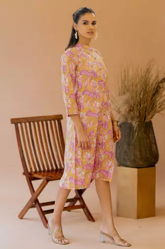 Mustard coral princess line printed kantha work buttons cotton stiched kurta