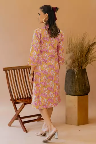 Mustard coral princess line printed kantha work buttons cotton stiched kurta