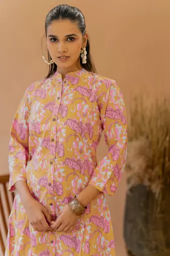 Mustard coral princess line printed kantha work buttons cotton stiched kurta