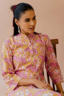 Mustard coral princess line printed kantha work buttons cotton stiched kurta 5