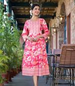 Pink peach floral print mirror embroidery work drawtring with fabric tassel rayon stiched kurta