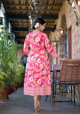 Pink peach floral print mirror embroidery work drawtring with fabric tassel rayon stiched kurta 3