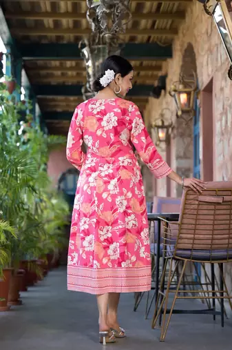 Pink peach floral print mirror embroidery work drawtring with fabric tassel rayon stiched kurta