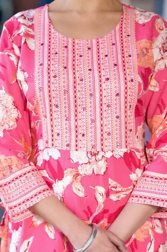 Pink peach floral print mirror embroidery work drawtring with fabric tassel rayon stiched kurta