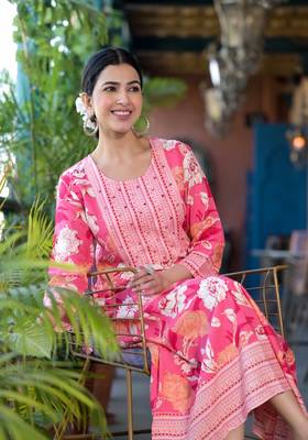 Pink peach floral print mirror embroidery work drawtring with fabric tassel rayon stiched kurta 5