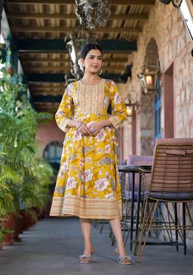 Yellow white grey floral print mirror embroidery work rayon stiched kurta 1
