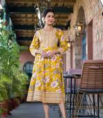 Yellow white grey floral print mirror embroidery work rayon stiched kurta