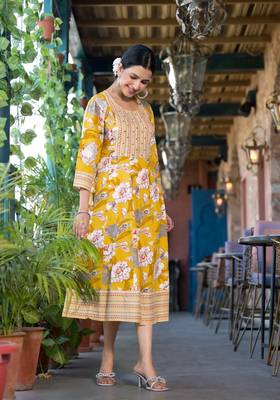 Yellow white grey floral print mirror embroidery work rayon stiched kurta 2