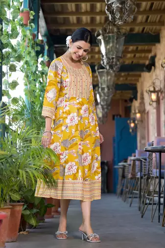 Yellow white grey floral print mirror embroidery work rayon stiched kurta