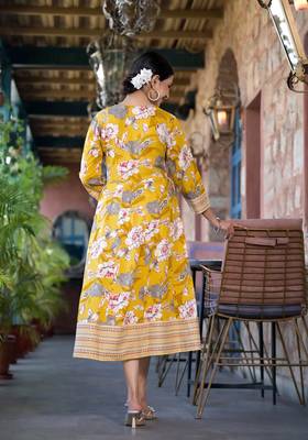 Yellow white grey floral print mirror embroidery work rayon stiched kurta 3
