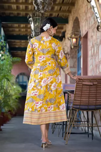 Yellow white grey floral print mirror embroidery work rayon stiched kurta