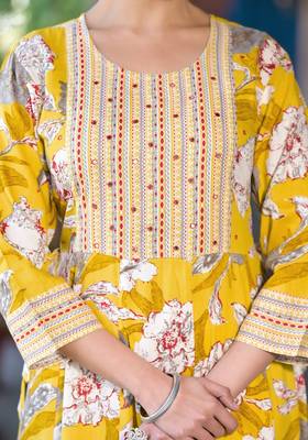 Yellow white grey floral print mirror embroidery work rayon stiched kurta 4