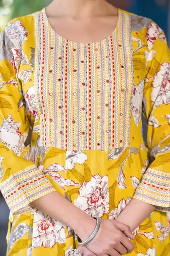 Yellow white grey floral print mirror embroidery work rayon stiched kurta