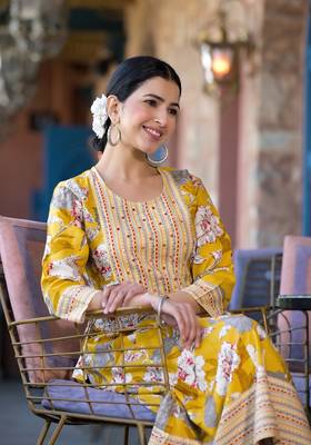 Yellow white grey floral print mirror embroidery work rayon stiched kurta 5