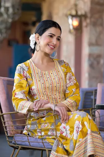 Yellow white grey floral print mirror embroidery work rayon stiched kurta