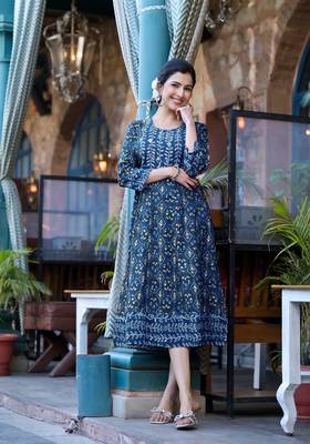 Navy blue golden jaipuri floral print mirro sequins pipe beads work rayon stiched kurta 1