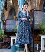 Navy blue golden jaipuri floral print mirro sequins pipe beads work rayon stiched kurta