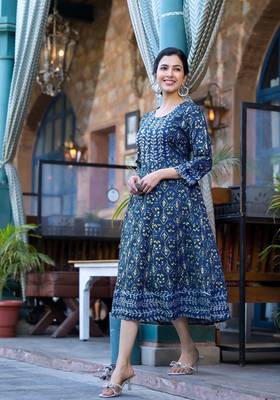 Navy blue golden jaipuri floral print mirro sequins pipe beads work rayon stiched kurta 2
