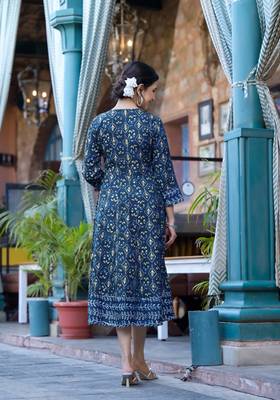 Navy blue golden jaipuri floral print mirro sequins pipe beads work rayon stiched kurta 3