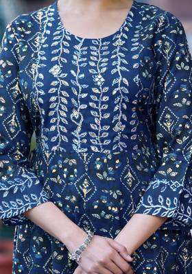 Navy blue golden jaipuri floral print mirro sequins pipe beads work rayon stiched kurta 4