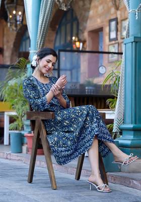 Navy blue golden jaipuri floral print mirro sequins pipe beads work rayon stiched kurta 5