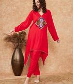 RED SQUARE MAROON PATCH WORK ASSYMENTRICAL KURTA SET