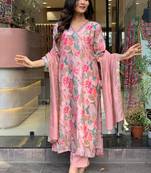 Women's pink viscose embroidered and printed a-line kurta with viscose rayon pant and chanderi silk laced dupatta sets