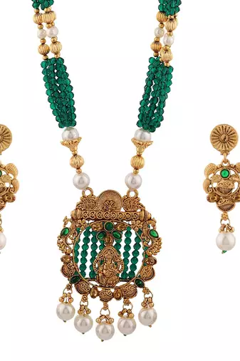 Mansiyaorange dark green matte gold temple theme maa lakshmi motif necklace set with earrings
