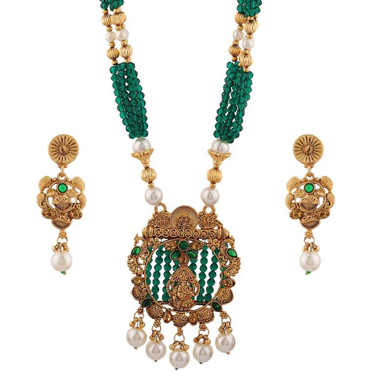 Mansiyaorange dark green matte gold temple theme maa lakshmi motif necklace set with earrings