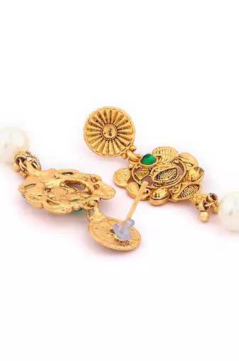 Mansiyaorange dark green matte gold temple theme maa lakshmi motif necklace set with earrings