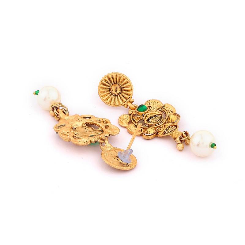 Mansiyaorange dark green matte gold temple theme maa lakshmi motif necklace set with earrings