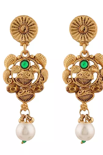 Mansiyaorange dark green matte gold temple theme maa lakshmi motif necklace set with earrings