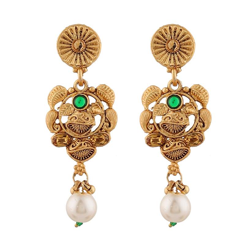 Mansiyaorange dark green matte gold temple theme maa lakshmi motif necklace set with earrings