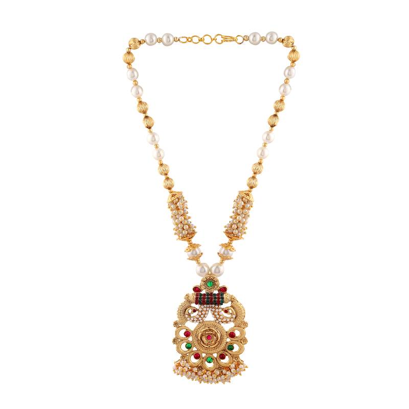Matte gold multicolor color temple theme peacock chain pendant with earrings