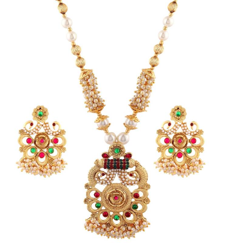 Matte gold multicolor color temple theme peacock chain pendant with earrings