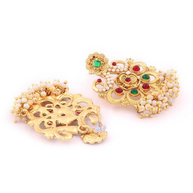 Matte gold multicolor color temple theme peacock chain pendant with earrings