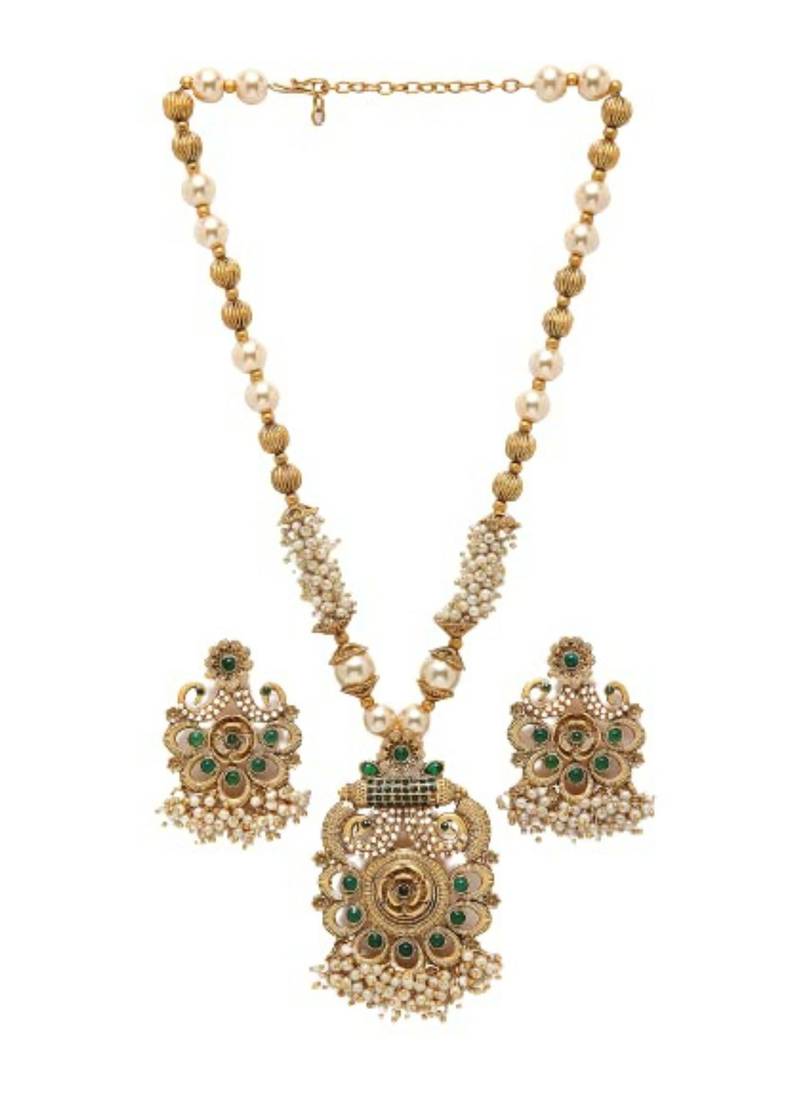 Matte gold green color temple theme peacock chain pendant with earrings
