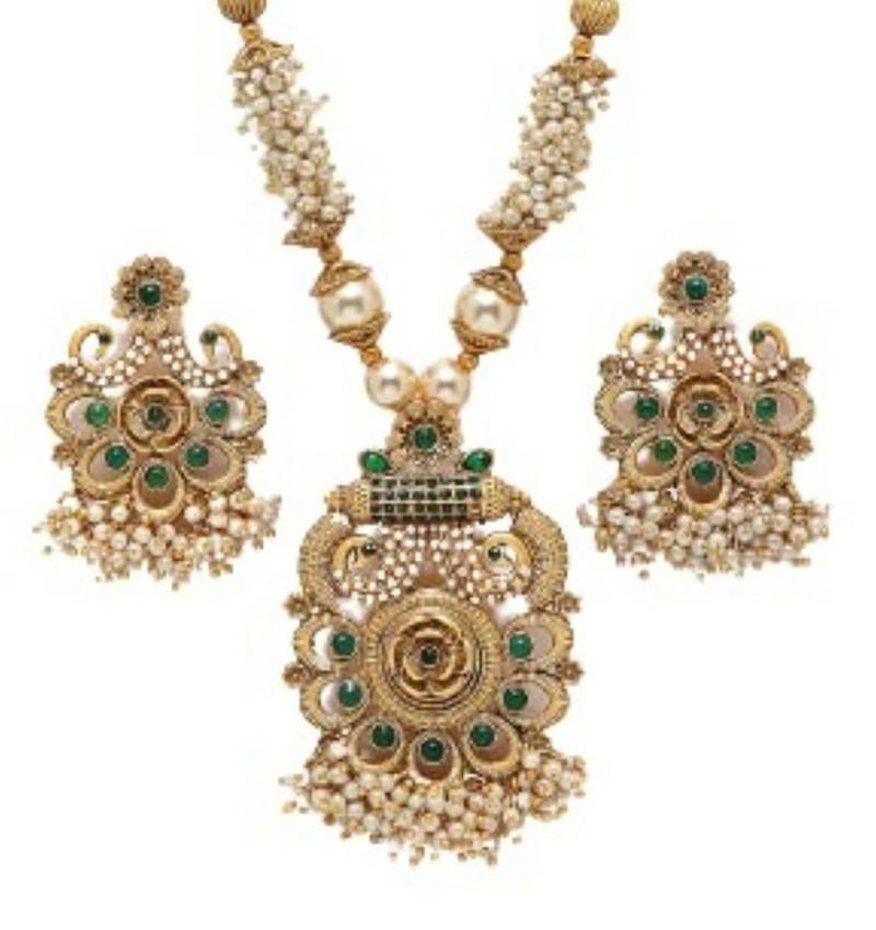 Matte gold green color temple theme peacock chain pendant with earrings