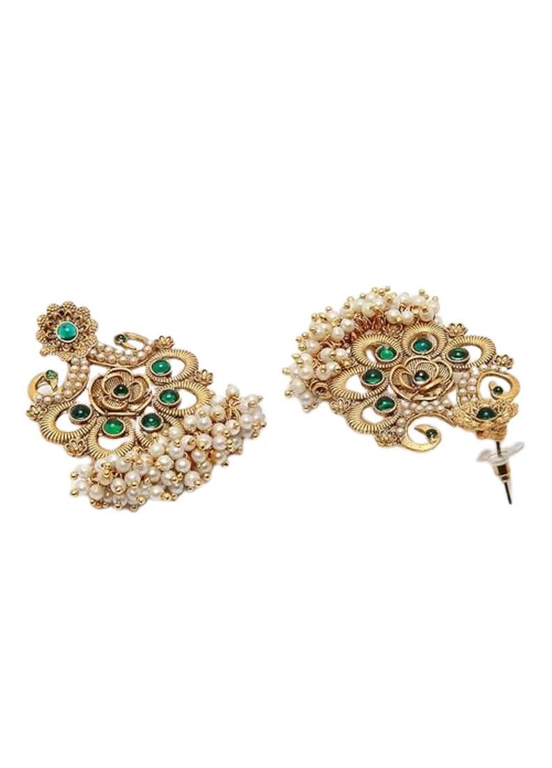 Matte gold green color temple theme peacock chain pendant with earrings