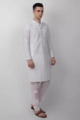White cotton fabric smart sequins work festive wear indian traditional look men's kurta