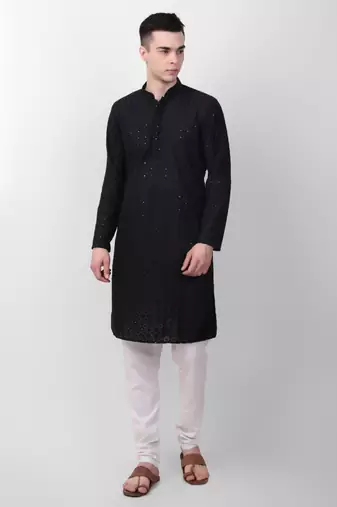 Black cotton fabric smart sequins work festive wear indian traditional look men's kurta