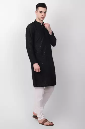 Black cotton fabric smart sequins work festive wear indian traditional look men's kurta