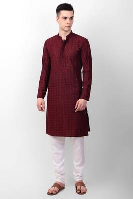 Maroon cotton fabric smart sequins work festive wear indian traditional look men's kurta 1