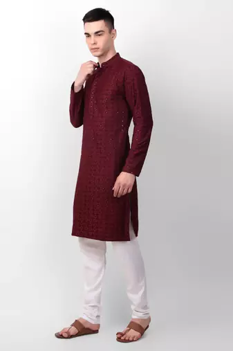 Maroon cotton fabric smart sequins work festive wear indian traditional look men's kurta