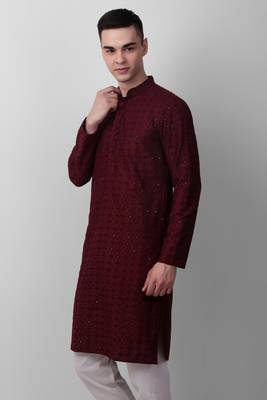 Maroon cotton fabric smart sequins work festive wear indian traditional look men's kurta 3