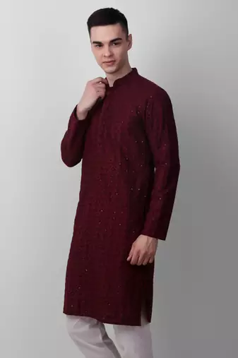 Maroon cotton fabric smart sequins work festive wear indian traditional look men's kurta
