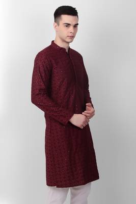 Maroon cotton fabric smart sequins work festive wear indian traditional look men's kurta 4