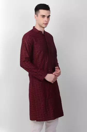 Maroon cotton fabric smart sequins work festive wear indian traditional look men's kurta