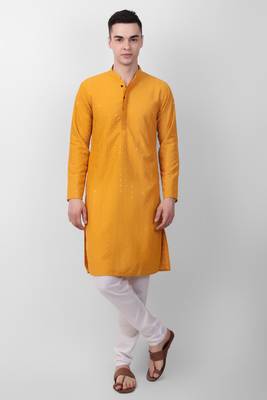 Yellow cotton fabric smart sequins work festive wear indian traditional look men's kurta 1